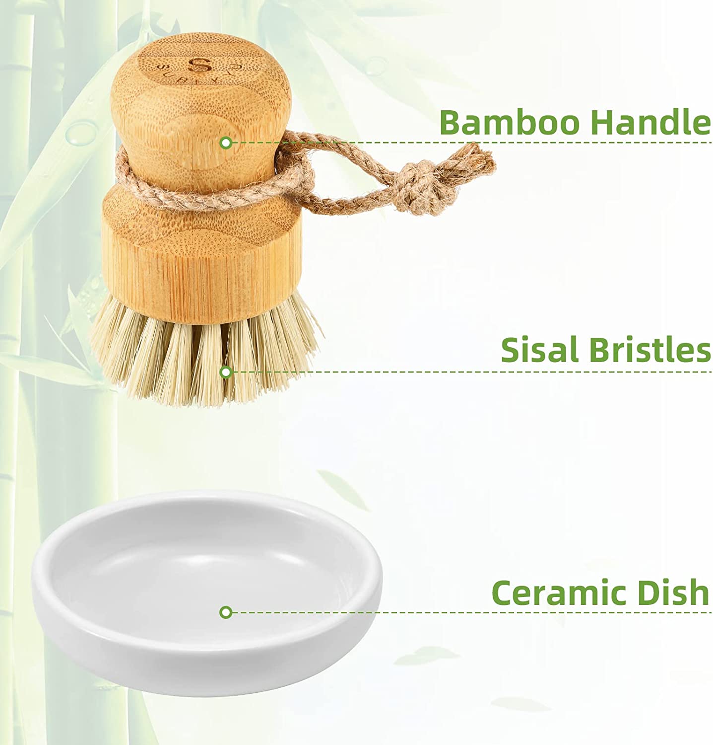 Bamboo Dish Scrub Brushes by Subekyu, Kitchen Wooden Cleaning Scrubbers Set  for Washing Cast Iron Pan/Pot, Natural Sisal Bristles, Set of 3